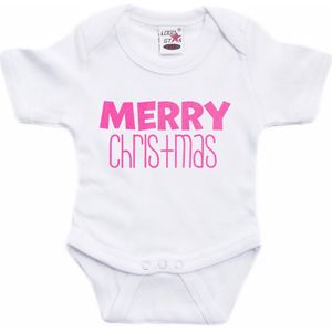 Bellatio Decorations - Kerst Baby Rompertje - Wit - 100% Katoen - Merry Christmas - Glitter Roze