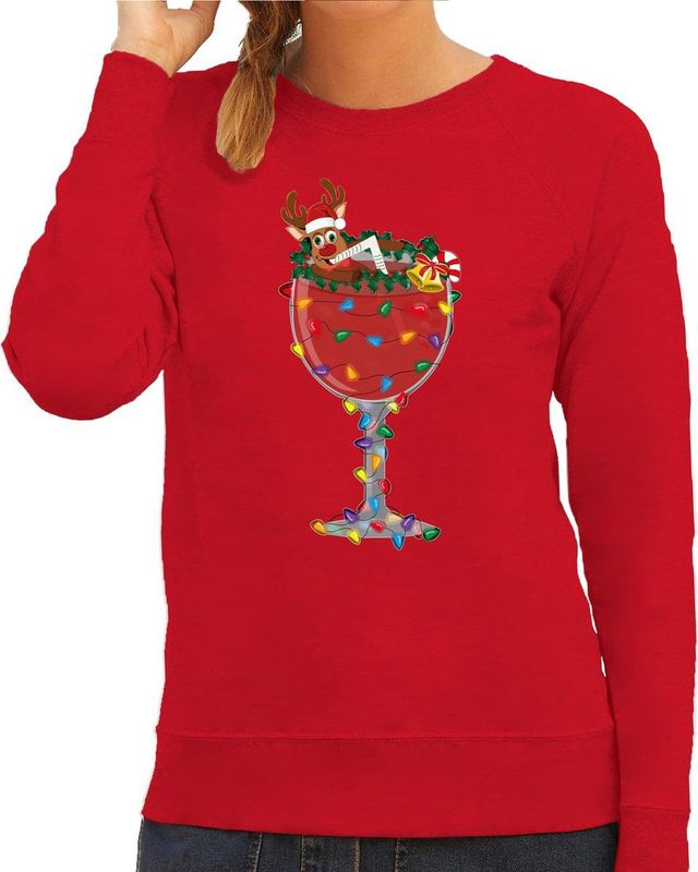 Bellatio - Foute Kersttrui - Rood - Cocktailglas met Rudolf