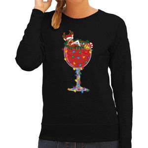 Bellatio Decorations Foute Kersttrui/sweater voor dames - cocktailglas met Rudolf - zwart - kerstcadeau L