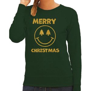 Bellatio Decorations foute kersttrui/sweater dames - Merry Christmas - groen - glitter goud - Smile / Emoticon M