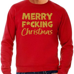 Bellatio Decorations - Foute Kersttrui - Rood - Merry F*cking Christmas - Glitter Goud