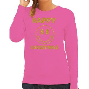 Bellatio Decorations foute kersttrui/sweater dames - Happy Christmas - roze - glitter goud - Smile / Emoticon XL