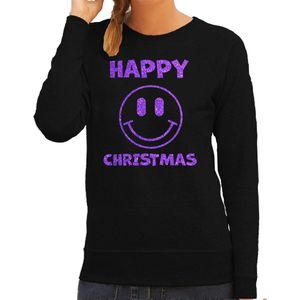 Foute kersttrui dames - Happy Christmas - zwart - glitter paars