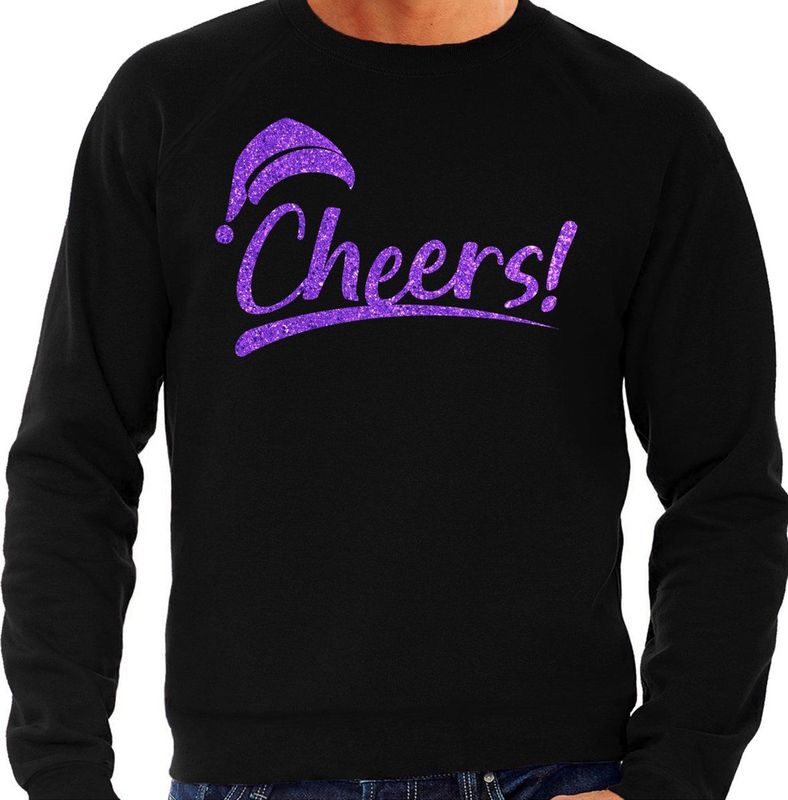 Foute Kersttrui/sweater voor heren - cheers! - zwart - glitter paars - kerstfeest - kerst truien