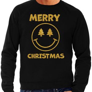 Bellatio Decorations Foute Kersttrui/sweater voor heren - Merry Christmas - zwart - glitter goud - Smile / Emoticon XL