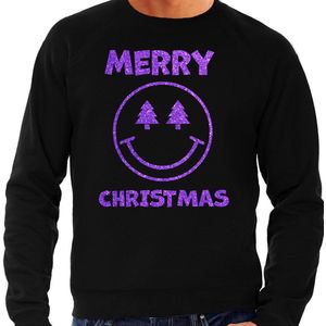 Foute Kersttrui/sweater voor heren - Merry Christmas - Smile Emoticon - zwart - glitter paars