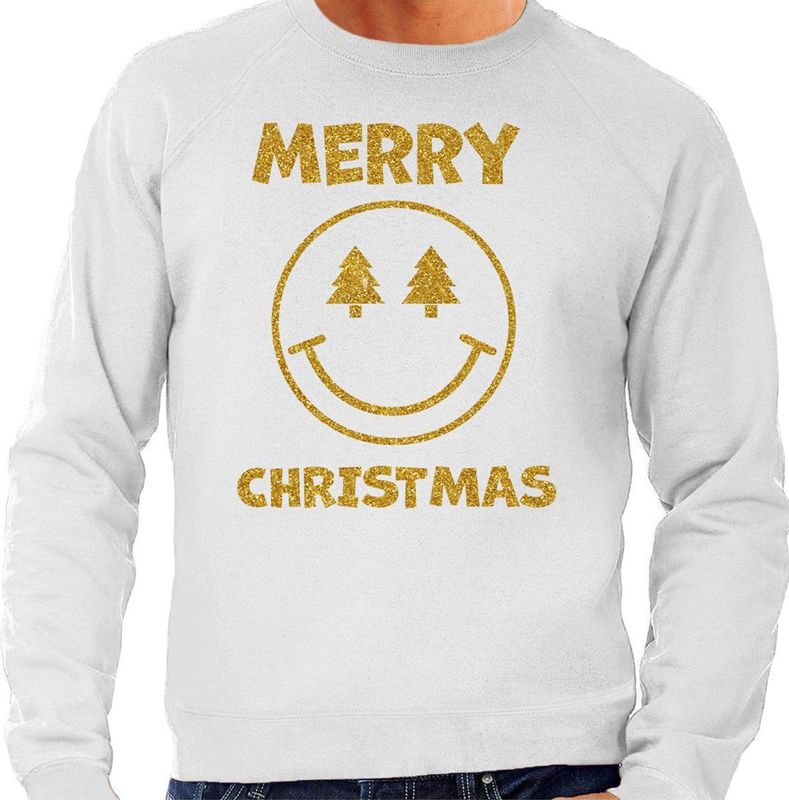 Foute Kersttrui/sweater voor heren - Merry Christmas - Smile Emoticon - grijs - glitter goud - kerst truien
