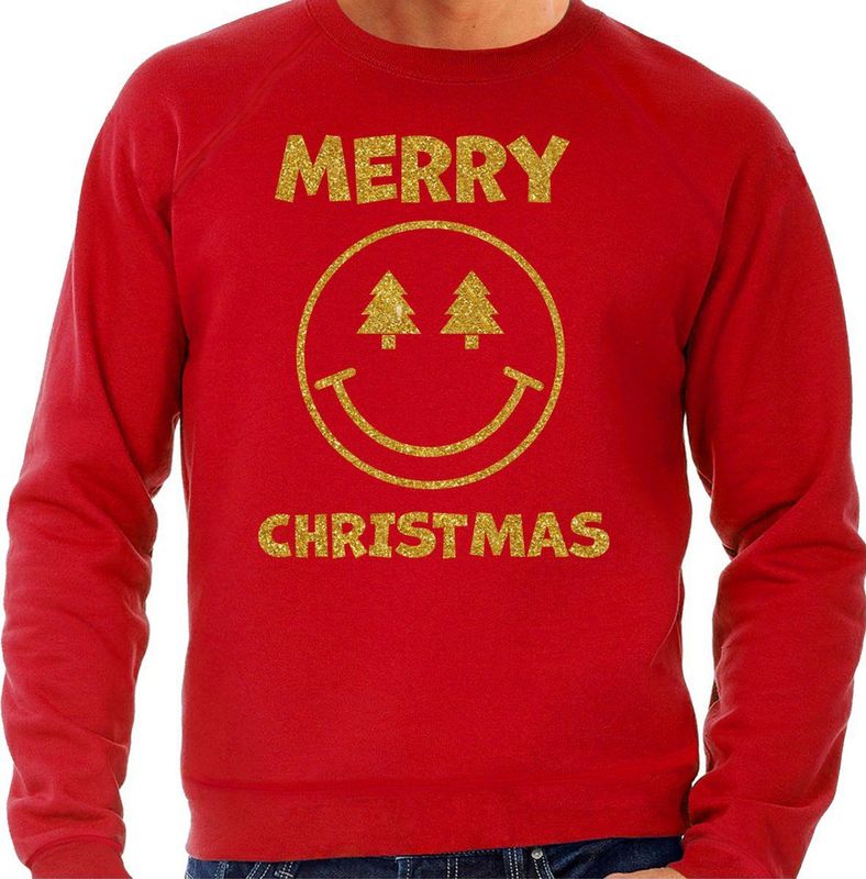 Foute Kersttrui/sweater voor heren - Merry Christmas - Smile Emoticon - rood - glitter goud - kerst truien