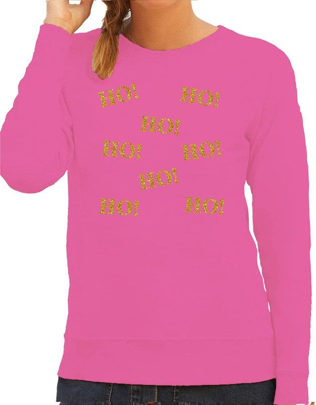 Foute kersttrui dames - Ho Ho Ho - roze - glitter goud