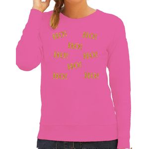 Bellatio Decorations foute kersttrui/sweater dames - Ho Ho Ho - roze - glitter goud S