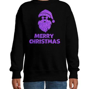 Kersttrui/sweater voor jongens/meisjesÂ - Merry ChristmasÂ - zwartÂ - glitter paars - kerst truien kind