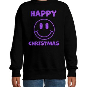 Kersttrui/sweater voor jongens/meisjes - Happy Christmas - zwart - Smile Emoticon - glitter paars - kerst truien kind