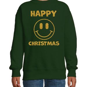 Bellatio Decorations - Kersttrui - Groen - Happy Christmas - Smile / Emoticon - Glitter Goud