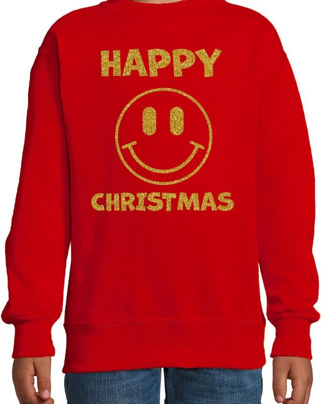 Happy Christmas - Sweater - Rood - Glitter Goud - Smile Emoticon