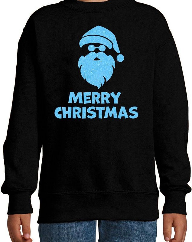Bellatio Decorations - Kersttrui - Zwart - Merry Christmas - Glitter Blauw