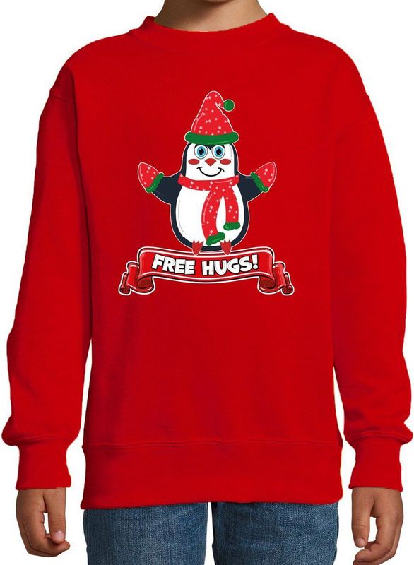Bellatio Decorations - Kersttrui - Rood - Free Hugs - Kerst Pinguin