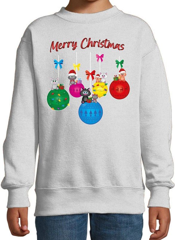 Bellatio Decorations - Kersttrui - Grijs - Poesjes - Merry Christmas