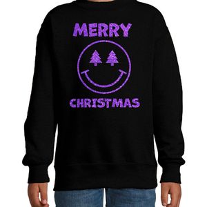 Kersttrui/sweater voor jongens/meisjes - Merry Christmas - zwart - Smile Emoticon - glitter paars