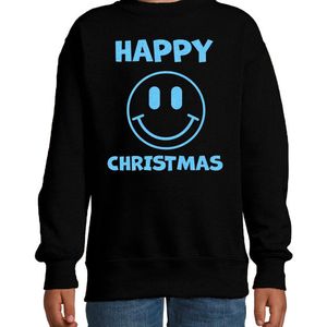 Kersttrui/sweater voor jongens/meisjes - Happy Christmas - zwart - smiley - glitter blauw