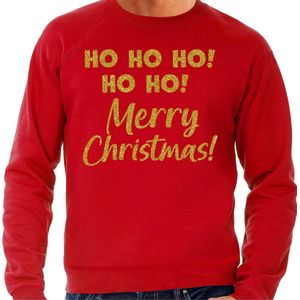 Bellatio Decorations Foute Kersttrui/sweater voor heren - hohoho Merry Christmas - rood - glitter goud S