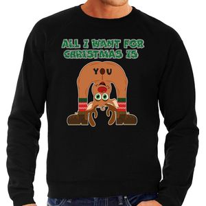 Bellatio Decorations Foute Kersttrui/sweater voor heren - All I Want is - zwart - blote kont - rendier L