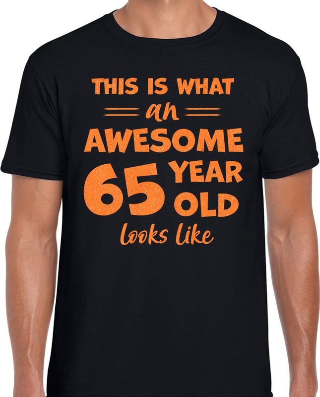 Cadeau t-shirt heren - leeftijd 65 jaar - zwart - glitter oranje