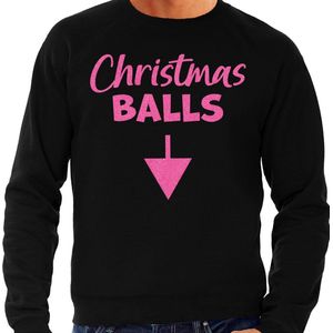 Bellatio - Christmas Balls - Foute Kersttrui - Zwart - Glitter Roze