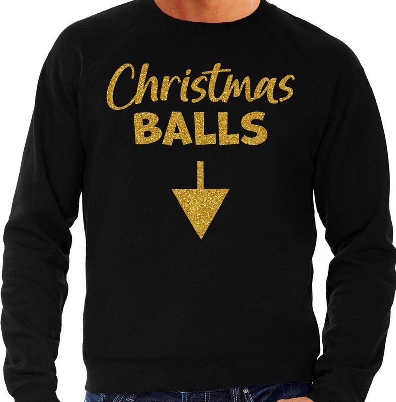 Bellatio - Foute Kersttrui - Zwart - Glitter Goud - Christmas Balls