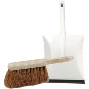 Stoffer en blik set voor buiten - wit/naturel - verzinkt metaal - hout met kokosharen - Stoffer en blik