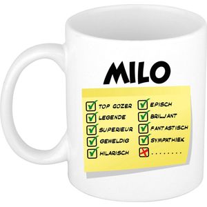Bellatio Decorations Naam mok Milo - wit - top gozer - keramiek - 300 ml - cadeau collega beker