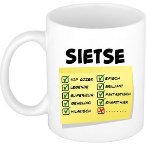 Bellatio Decorations Naam mok Sietse - wit - top gozer - keramiek - 300 ml - cadeau collega beker