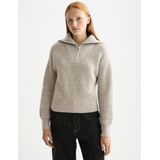 SCOTCH & SODA - Trui - Beige Gemêleerd - Geribbeld Gebreid - Halve Rits