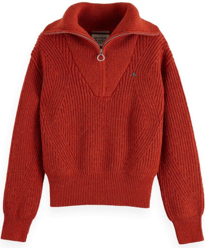 SCOTCH & SODA - Trui - Beige Gemêleerd - Geribbeld Gebreid - Halve Rits