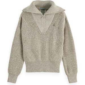 SCOTCH & SODA - Trui - Beige Gemêleerd - Geribbeld Gebreid - Halve Rits