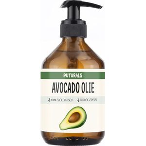 Puturals Avocado Olie 100% Biologisch - 300ml - Koudgeperst en Puur - Rijk aan Vitamine A, D, E, antioxidanten - Glazen Fles met Pompje - Olie voor Huid, Haar en Massage - COSMOS Gecertificeerd