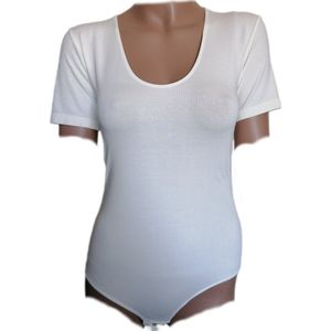 Dames - String Bodystocking - Bodyfashion - Met Diepe Ronde hals - Korte Mouwen - Kleur Crème - Maat S-M