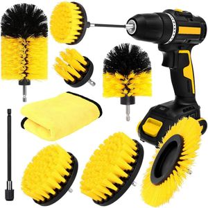 Borstelzet - 8 Opzetstukken - Velgenborstel - Deep Clean - Power Scrub - Voor velgen, tegels, vloeren, keuken, badkamer - Geel