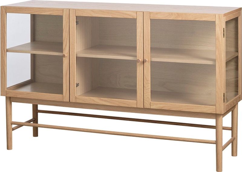 Olivine Boris Dressoir Naturel - Eikenhout - met Glazen Deuren - Vitrinekast - Sideboard - Houten Dressoir - 140 x 43 x 88 cm