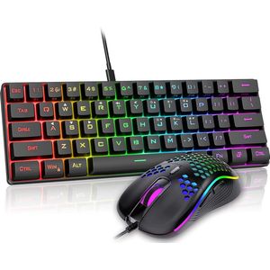 RGB Gaming Keyboard en Muis Combo - 60% Compact Toetsenbord - 7200 Dpi - Ergonomisch -Waterbestendig - Voor Mac & PC - Zwart