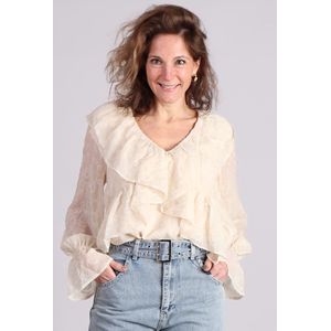 Studio Amaya Blouse Beige - V-Hals met Ruches en Lange Mouwen
