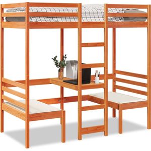 vidaXL Hoogslaper met bureau en stoelen grenenhout wasbruin 90x190 cm