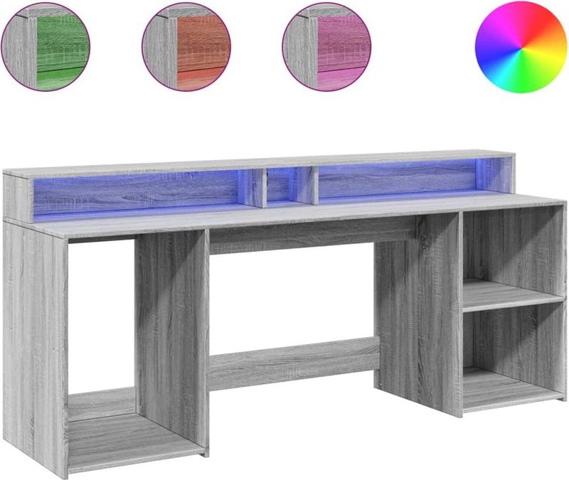 vidaXL Bureau - Grijs - Hout - 200x55x91 cm - Met LED-verlichting