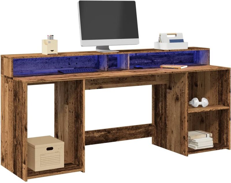 vidaXL Bureau - Oud Hout - 200x55x91 cm - Bewerkt Hout - LED-Verlichting