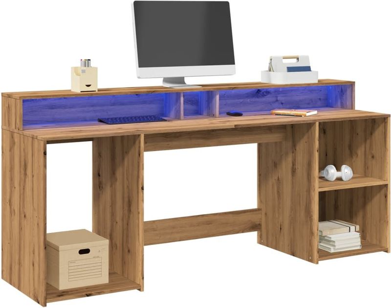 vidaXL Bureau - Hout - Artisanaal Eiken - Met LED-Verlichting