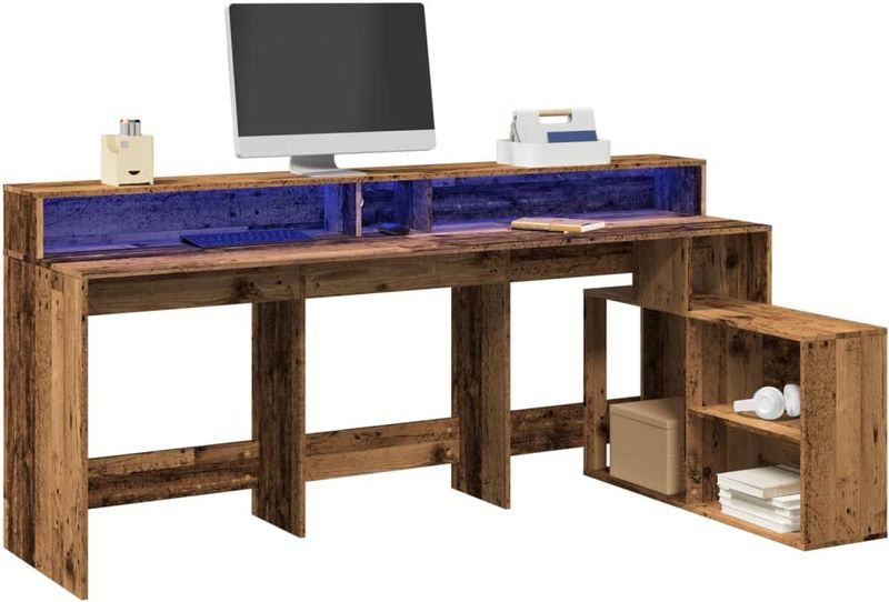 vidaXL Bureau - Oud Hout - 200x104x91 cm - Met LED-Verlichting