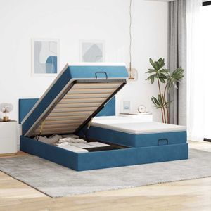 vidaXL - Bed - poef - met - matrassen - en - leds - 200x200 - cm - fluweel - donkerblauw