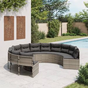 vidaXL Tuinbank met kussens rond poly rattan grijs