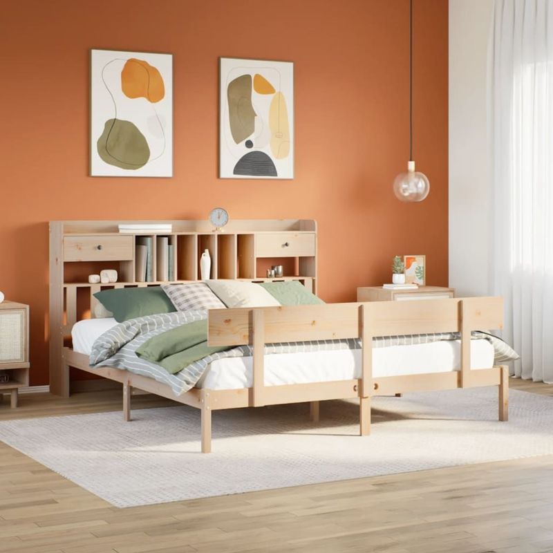vidaXL - Bed - met - boekenkast - zonder - matras - massief - grenenhout - 200x200 - cm