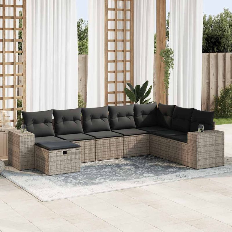 vidaXL - 8-delige - Loungeset - met - kussens - poly - rattan - grijs