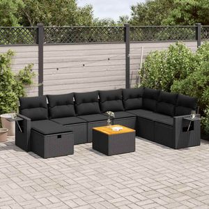 vidaXL - 9-delige - Loungeset - met - kussens - poly - rattan - zwart